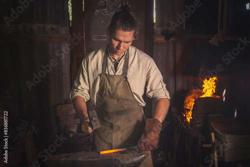 Blacksmith forges a red-hot metal piece on an anvil in a forge. Traditional crafts