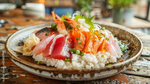 Closeup of a plate of chirashi don, featuring a variety of sashimi over a bed of sushi rice, all set on a rustic wooden table in a cozy restaurant atmosphere