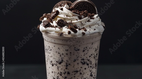 A decadent Oreo shake with crushed Oreos and whipped cream on top, set against a solid black background, highlighting the indulgent and creamy texture.