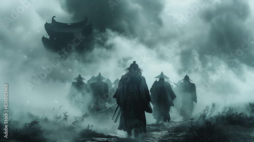 Portray an enigmatic and shadowy samurai army corps in aromor moving through darkness, almost blending into the night, exuding an air of mystery