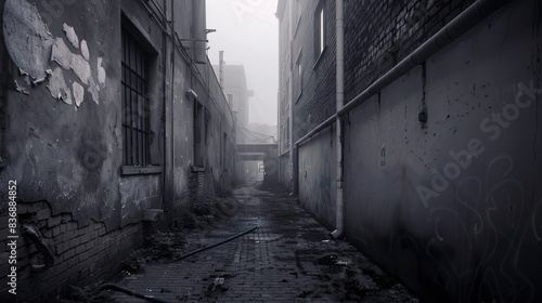 Hospital back alley, foggy, close-up, no humans, misty ambiance, twilight setting 