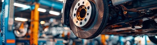 Closeup of a car s brake system and wheel during a maintenance check