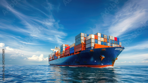 Large cargo ship loaded with containers on the ocean