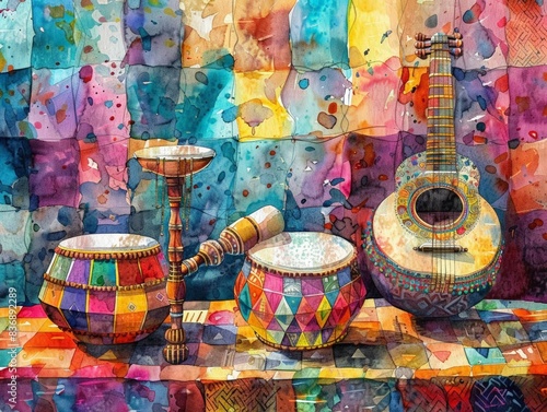 Indian musical instruments origami, ancient art influence, hologram details, watercolor, tabla and sitar in vibrant forms