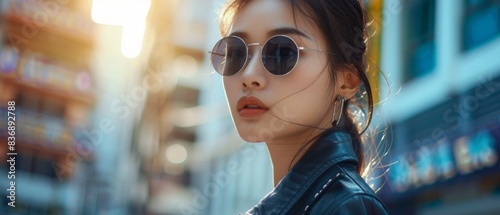 A mesmerizing scene presents a fashion-forward Asian female model flaunting her unique style