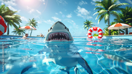A dangerous shark in a holiday swimming pool summer vacation scam nature background