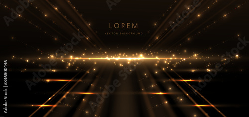 Abstract luxury golden lighting effect glowing on dark brown background and sparkle. Template premium award ceremony design.