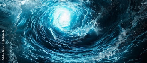 A blue whirlpool spirals downwards, its swirling vortex leading to a bright light at the end of the tunnel.
