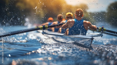 A competitive rowing scene, rowers in perfect sync during a regatta, water splashing. Generative AI.