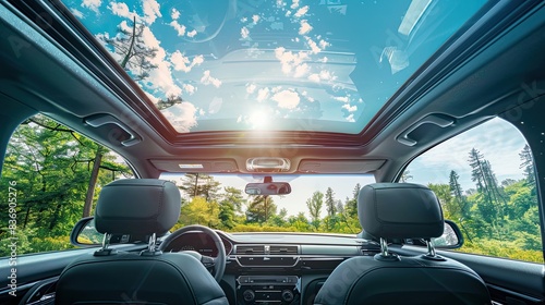 Panoramic sunroof in a passenger car, sunny day outdoors.