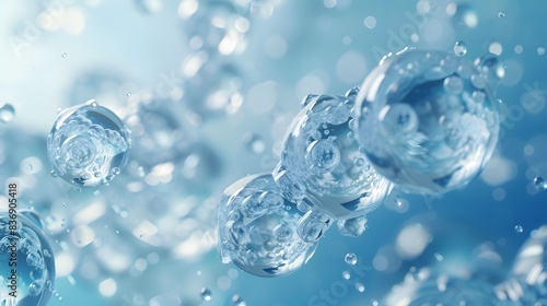 A closeup of transparent water molecules, each with their own unique shape and size, floating in the air against a light blue background.