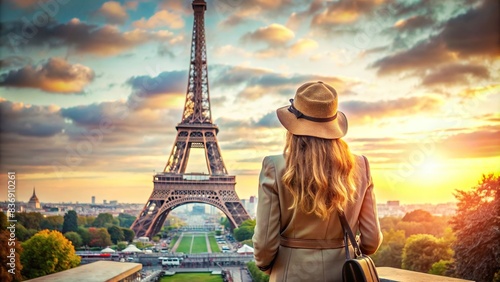 Watercolor painting of female tourist admiring Eiffel Tower in Paris