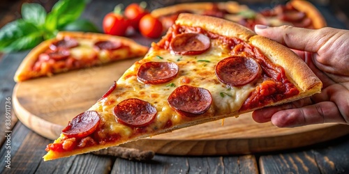 Hand holding a mouth-watering slice of pepperoni pizza with cheese and salami on a background, Pepperoni pizza, cheese, salami, delicious, slice, hand, holding, isolated, fast food, Italian