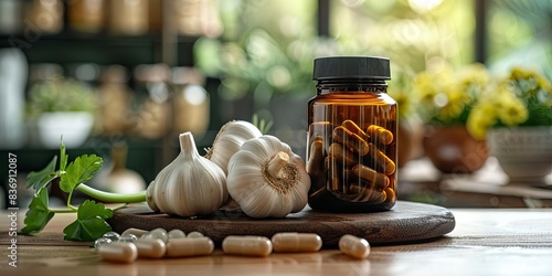 Bottle of garlic supplements on wooden table with fresh garlic bulbs and capsules, natural health concept in a bright kitchen.