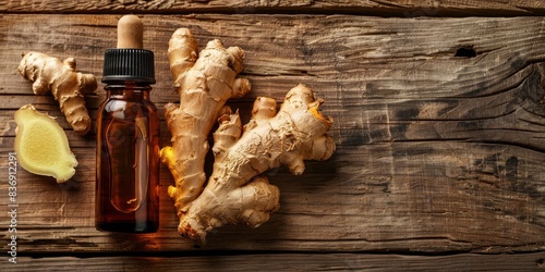 Fresh ginger root and essential oil bottle on rustic wooden table, perfect for health and wellness concepts, natural remedies, and herbal treatments.