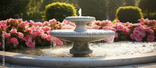 Marble fountain in a garden with flowers, ideal for park landscape design and architecture with copy space image.