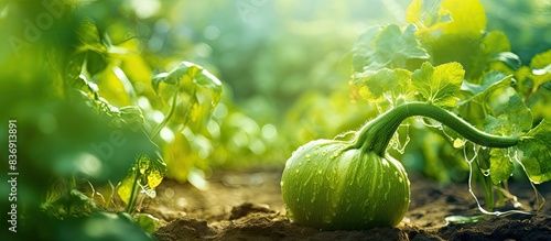 A young green gourd growing in the vegetable garden with copy space image.