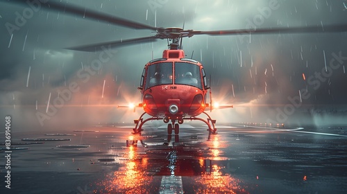 A red helicopter landing on the wet tarmac, with its lights shining bright against an overcast sky. The scene is set at night and it is raining lightly.