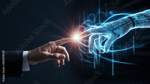 A striking photo of a human hand in a formal suit, reaching out towards a digital, holographic hand.