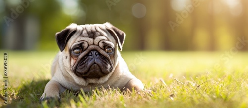 A pug is captured in a portrait while resting on the grass, with a blank space for an image.