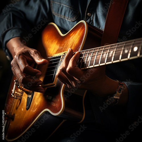 Bluesman play on guitar blues rock under stage light. Festival music concert with songs. Black skin guitarist in hat. Retro style. 