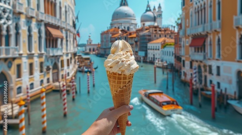 Female hand holding an ice cream waffle cone in front of Venice Canals during the day, summer vibes. Generative AI.