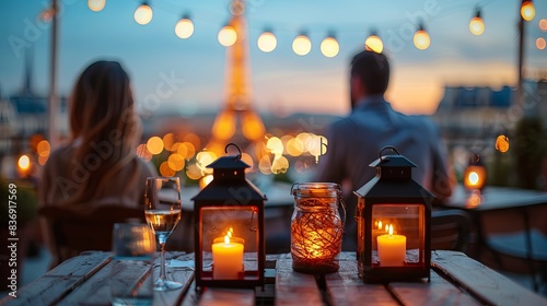 景色を眺めながらのロマンチックなキャンドルライトディナー。パリの夜、レストランのテーブルに座るカップル。 コンセプト: 観光、ウェディング サービス、ロマンチックなギフト、カードやポスター、ロマンチックな旅行やイベントに特化した雑誌やウェブサイト。