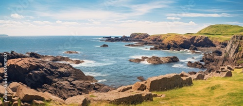 Scottish coast on a sunny day wide shot.