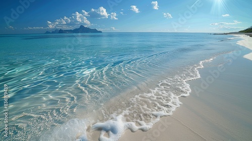 A stunning beach with crystal-clear water and white sand, waves gently lapping the shore. Generative AI.
