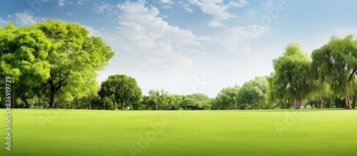 Park landscape design featuring lush green grass and copy space image.