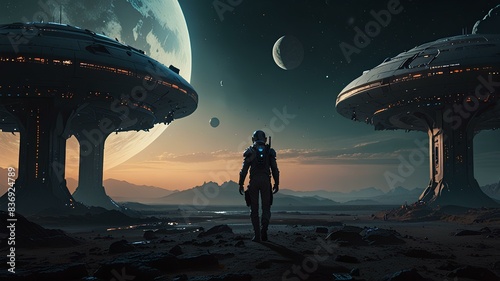 an astronaut standing on a barren, alien landscape, facing two large, futuristic structures resembling space stations or advanced buildings. Above the horizon, a giant planet with several moons domina