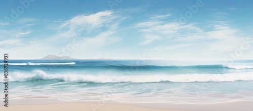 Gentle waves lapping the sandy shore form a tranquil scene with room for text in the image.