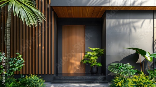 Modern front door with wooden slats and sleek black walls, surrounded by lush green plants in the foreground. an elegant entrance to a modern home architecture. minimalist designs.