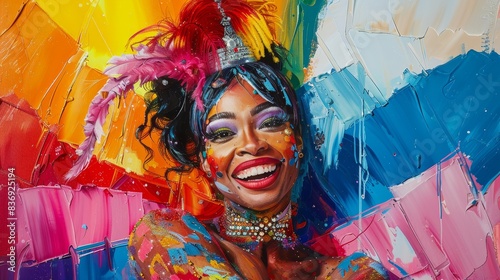 Pride Celebration Diversity conveyed in a portrait of a drag queen smiling and posing with a pride flag