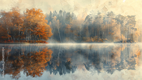 Autumn forest reflected in a still lake with mist rising in the early morning