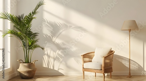 A rattan armchair and floor lamp near a white wall.