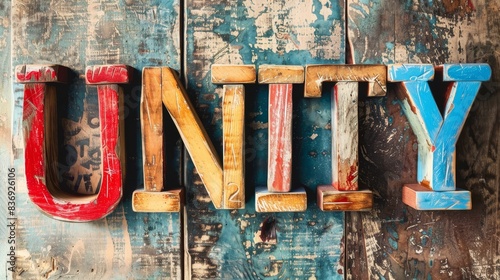 The word "UNITY" spelled out in large colorful letters with each letter representing a different culture or background symbolizing pride in diversity