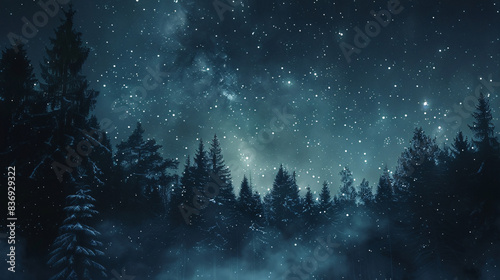 Night sky filled with stars above a dense European forest in winter