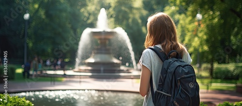 College girl with a backpack is joyfully walking past a fountain during summer, relaxing outdoors after her classes, with a copy space image.