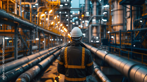 Professional inspecting metal pipelines in an oil refinery powered by artificial intelligence