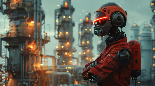 Technician checking safety protocols in a petroleum facility with autonomous robots