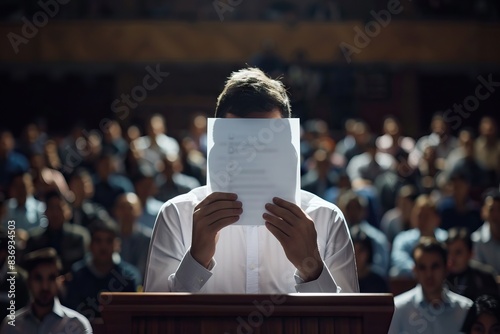 Fearful young lecturer hides face with paper on podium.