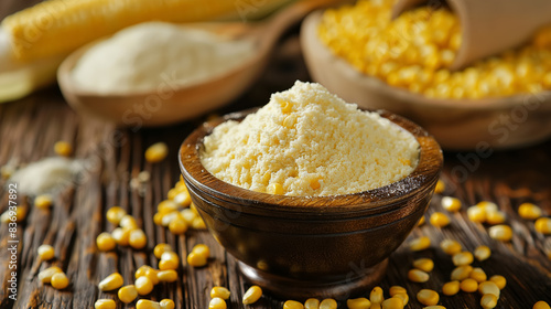 Wooden bowl filled with yellow cornmeal on a rustic table, surrounded by raw corn and kernels, representing natural ingredients and traditional cooking.