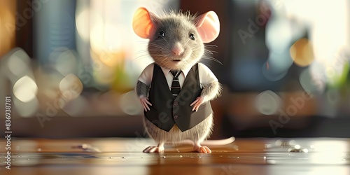 a image of a mouse in a suit and tie standing on a table