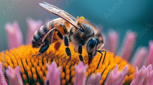 A close-up of a bee pollinating a colorful flower, symbolizing the vital role of pollinators in maintaining biodiversity and supporting sustainable ecosystems.