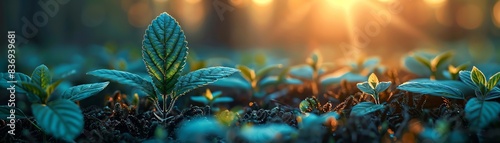 Close-up of young green plants growing in soil under soft morning sunlight, symbolizing new beginnings and the beauty of nature.