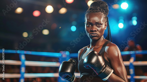 Female boxer in a ring, copy space