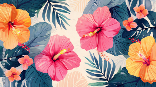 Cute and colorful wrapping paper design featuring pink and golden tropical flowers and leaves