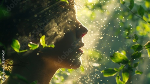 A close-up of a person taking a deep breath in a lush green forest, with sunlight streaming through the trees and fresh air filling their lungs.