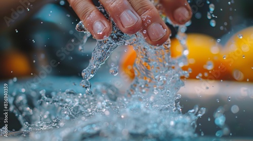 A close-up of a person's hand turning off a faucet, with a focus on the droplets of water, highlighting the importance of water conservation and environmental preservation.